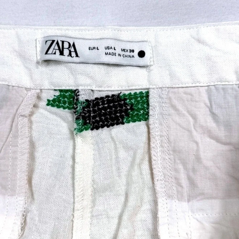 Zara Womens Linen Blend Embroidered Geometric Straight Leg Pants White Green L